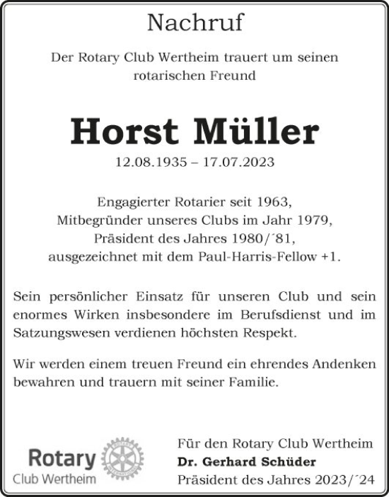 Traueranzeige von Horst Müller von Fränkische Nachrichten