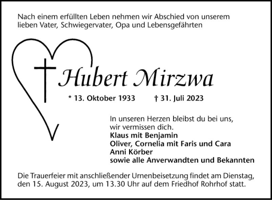 Traueranzeige von Hubert Mirzwa von Schwetzinger Zeitung