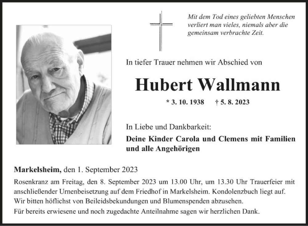  Traueranzeige für Hubert Wallmann vom 01.09.2023 aus Fränkische Nachrichten