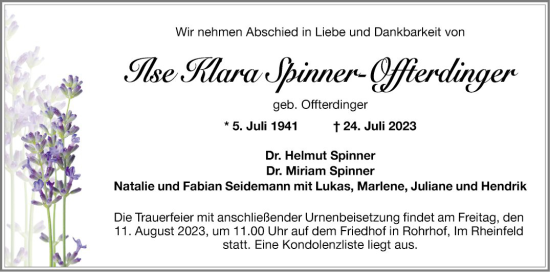 Traueranzeige von Ilse Klara Spinner-Offterdinger von Schwetzinger Zeitung