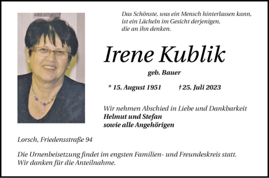 Traueranzeige von Irene Kuhl von Bergsträßer Anzeiger