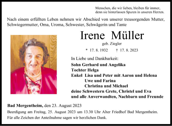 Traueranzeige von Irene Müller von Fränkische Nachrichten