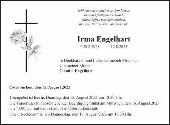 Traueranzeige von Irma Engelhart von Fränkische Nachrichten