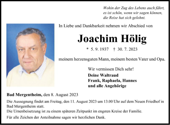 Traueranzeige von Joachim Hölig von Fränkische Nachrichten