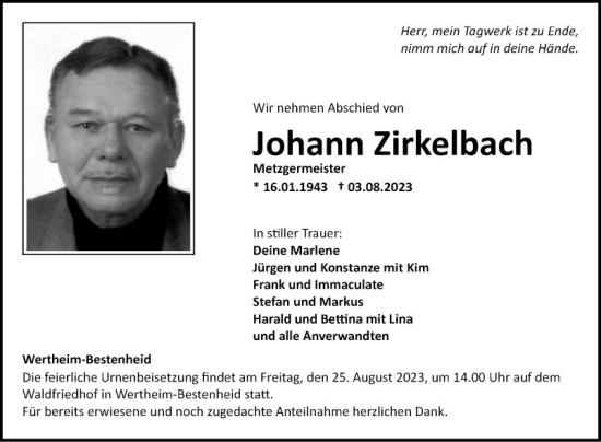 Traueranzeige von Johann Zirkelbach von Fränkische Nachrichten