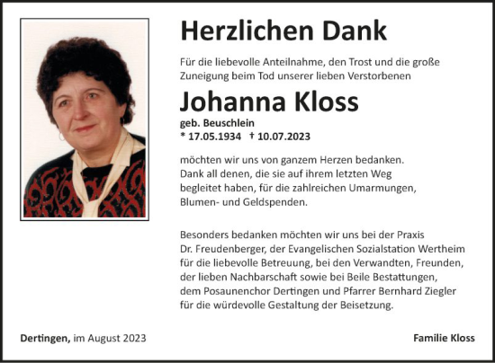 Traueranzeige von Johanna Kloss von Fränkische Nachrichten