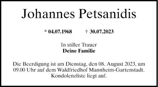 Traueranzeige von Johannes Petsanidis von Mannheimer Morgen