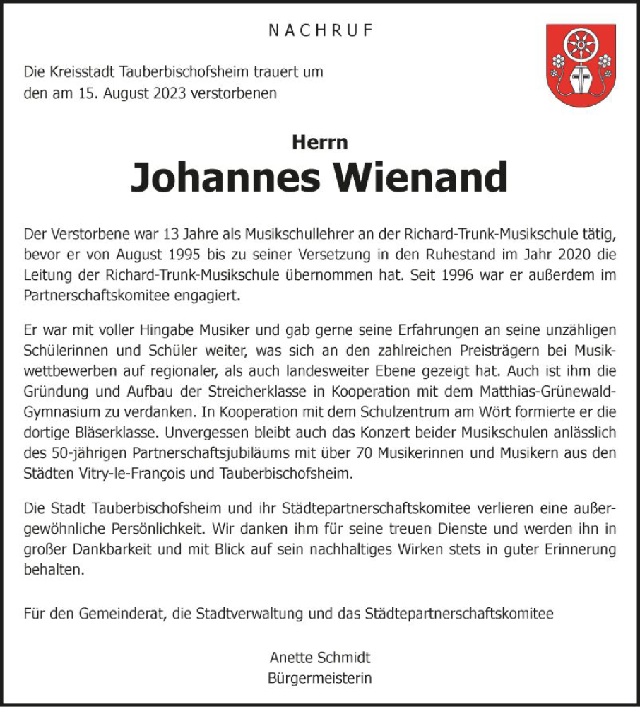  Traueranzeige für Johannes Wienand vom 22.08.2023 aus Fränkische Nachrichten