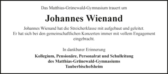 Traueranzeige von Johannes Wienand von Fränkische Nachrichten