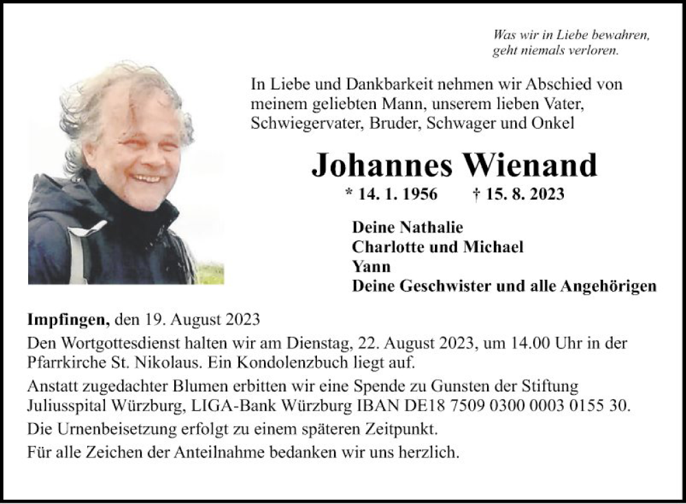  Traueranzeige für Johannes Wienand vom 19.08.2023 aus Fränkische Nachrichten