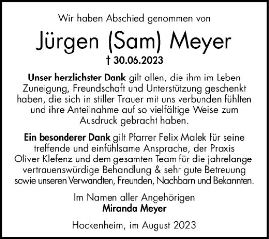 Traueranzeige von Jürgen Meyer von Schwetzinger Zeitung