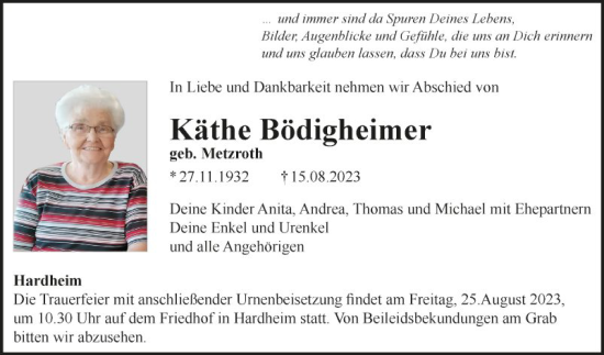 Traueranzeige von Käthe Bödigheimer von Fränkische Nachrichten