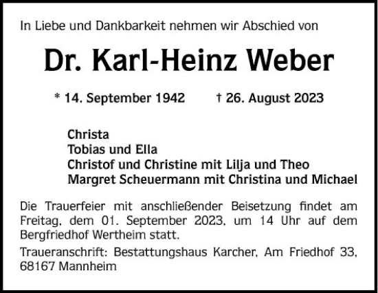 Traueranzeige von Karl-Heinz Weber von Mannheimer Morgen