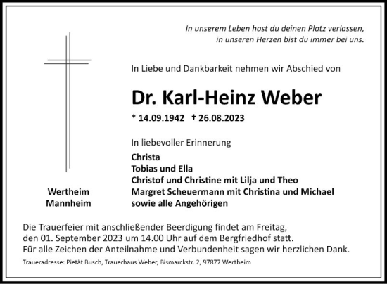 Traueranzeige von Karl-Heinz Weber von Fränkische Nachrichten