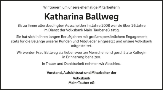 Traueranzeige von Katharina Ballweg von Fränkische Nachrichten