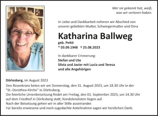 Traueranzeige von Katharina Ballweg von Fränkische Nachrichten