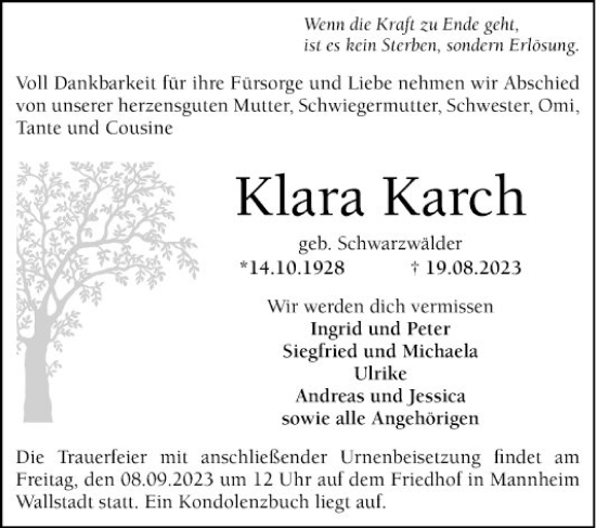 Traueranzeige von Klara Karch von Mannheimer Morgen