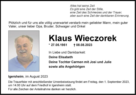 Traueranzeige von Klaus Wieczorek von Fränkische Nachrichten