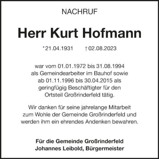 Traueranzeige von Kurt Hofmann von Fränkische Nachrichten