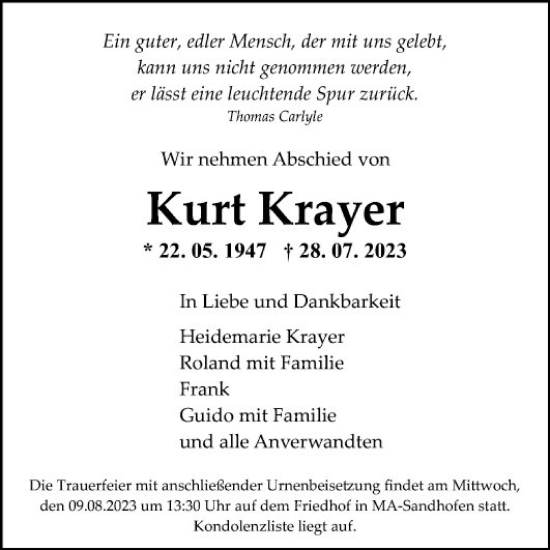 Traueranzeige von Kurt Krayer von Mannheimer Morgen