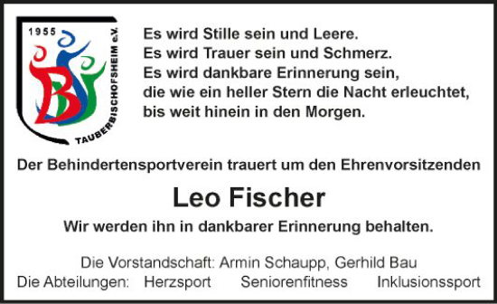 Traueranzeige von Leo Fischer von Fränkische Nachrichten