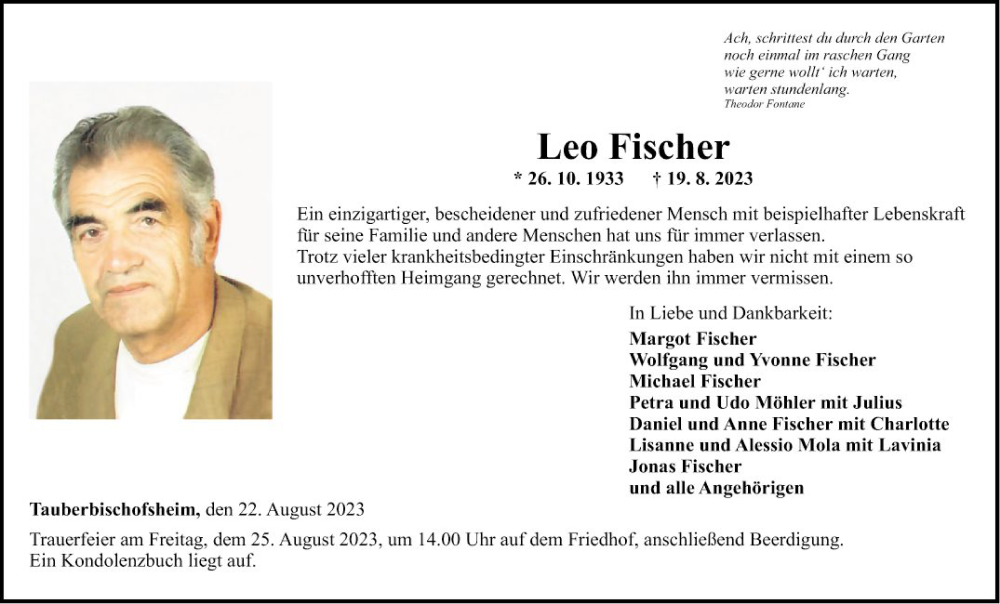  Traueranzeige für Leo Fischer vom 22.08.2023 aus Fränkische Nachrichten