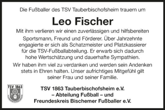 Traueranzeige von Leo Fischer von Fränkische Nachrichten