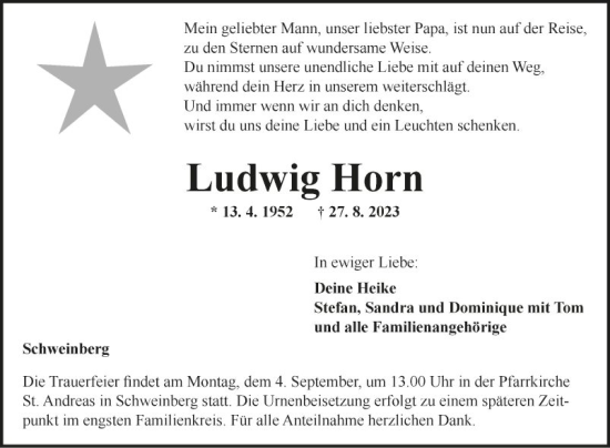 Traueranzeige von Ludwig Horn von Fränkische Nachrichten