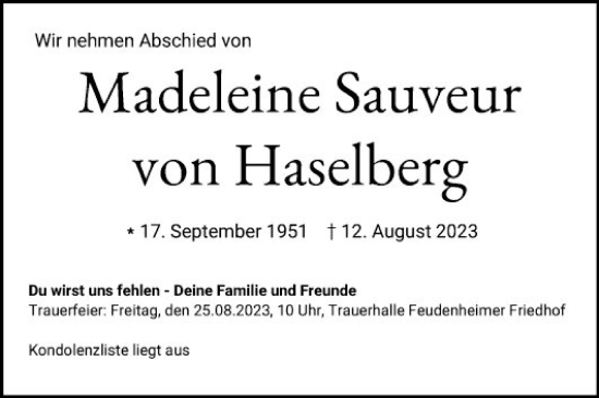 Traueranzeige von Madeleine Sauveur von Haselberg von Mannheimer Morgen