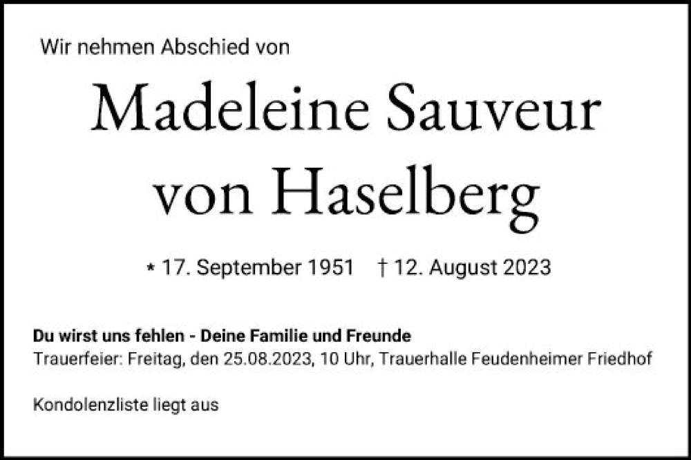 Traueranzeige für Madeleine Sauveur von Haselberg vom 19.08.2023 aus Mannheimer Morgen