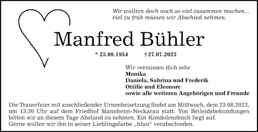  Traueranzeige für Manfred Bühler vom 19.08.2023 aus Mannheimer Morgen