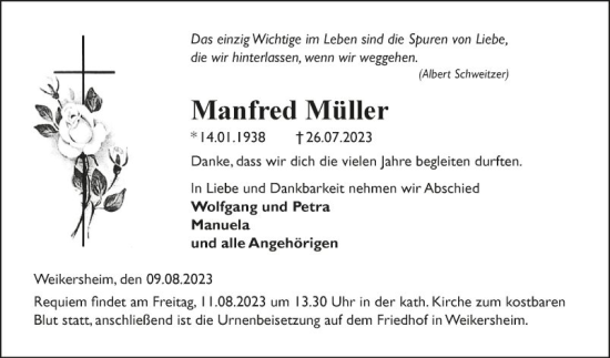 Traueranzeige von Manfred Müller von Fränkische Nachrichten