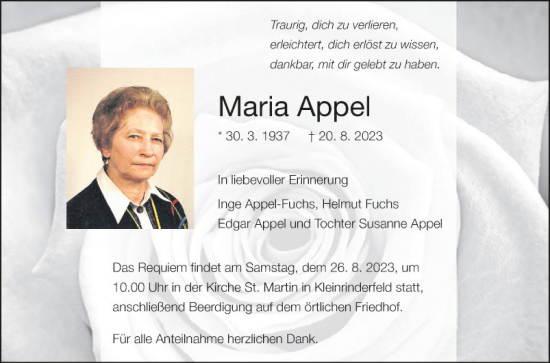 Traueranzeige von Maria Appel von Fränkische Nachrichten