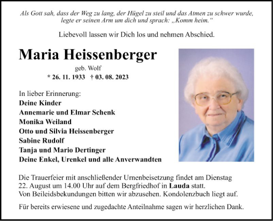 Traueranzeige von Maria Heissenberger von Fränkische Nachrichten