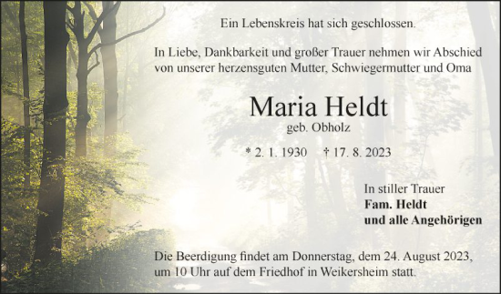 Traueranzeige von Maria Heldt von Fränkische Nachrichten