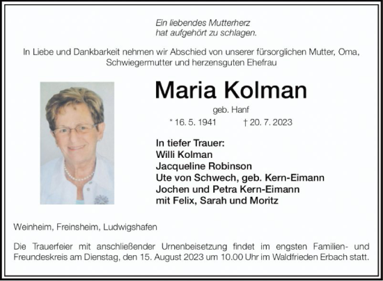 Traueranzeige von Maria Kolman von Mannheimer Morgen