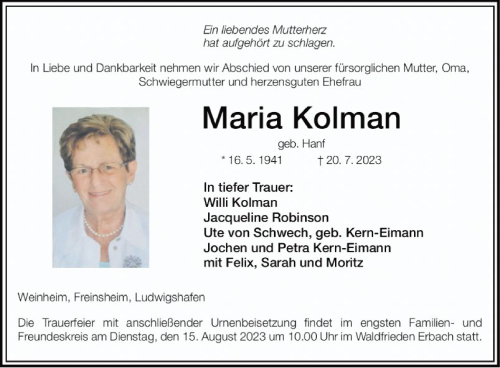  Traueranzeige für Maria Kolman vom 12.08.2023 aus Mannheimer Morgen
