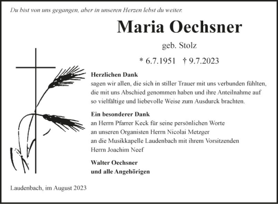 Traueranzeige von Maria Oechsner von Fränkische Nachrichten