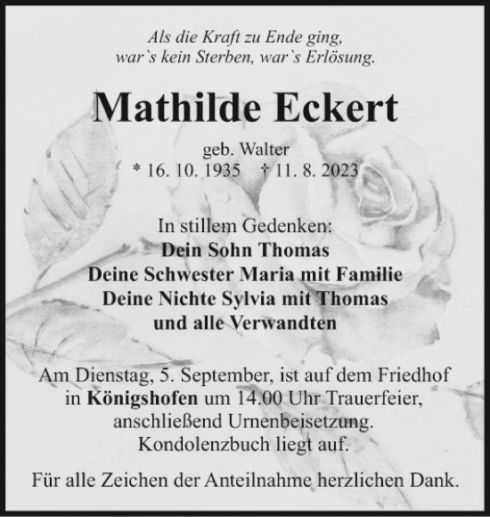 Traueranzeige von Mathilde Eckert von Fränkische Nachrichten