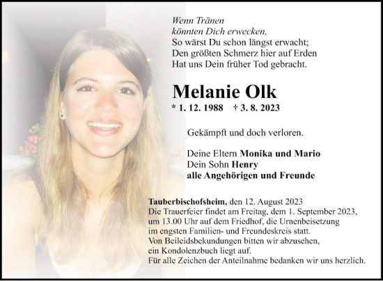 Traueranzeige von Melanie Olk von Fränkische Nachrichten