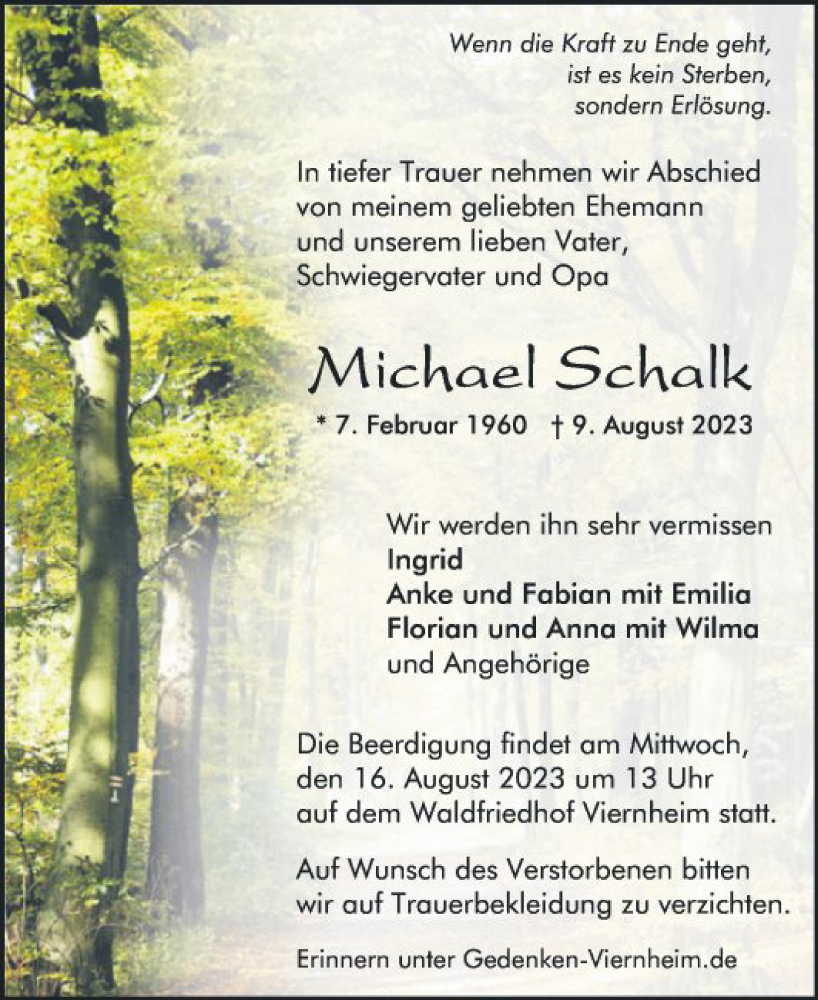  Traueranzeige für Michael Schalk vom 12.08.2023 aus Mannheimer Morgen