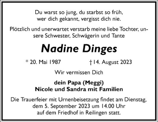 Traueranzeige von Nadine Dinges von Schwetzinger Zeitung