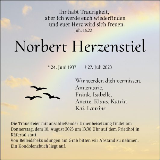 Traueranzeige von Norbert Herzenstiel von Mannheimer Morgen