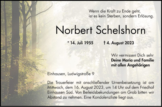 Traueranzeige von Norbert Schelshorn von Bergsträßer Anzeiger