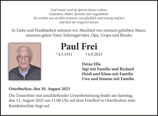 Traueranzeige von Paul Frei von Fränkische Nachrichten