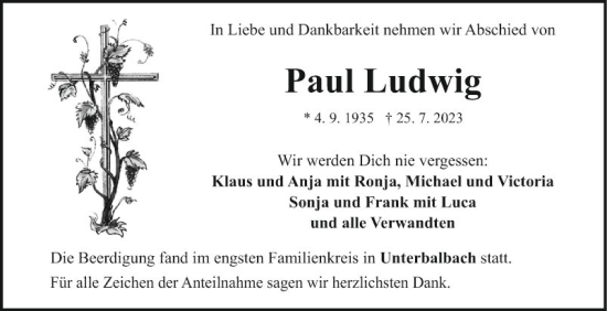 Traueranzeige von Paul Ludwig von Fränkische Nachrichten