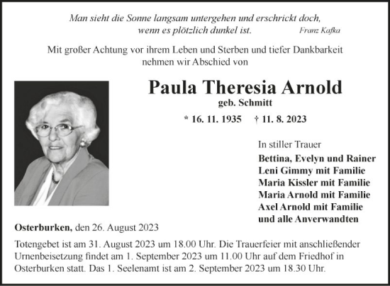 Traueranzeige von Paula Theresia Arnold von Fränkische Nachrichten