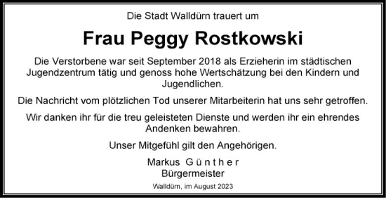 Traueranzeige von Peggy Rostkowski von Fränkische Nachrichten