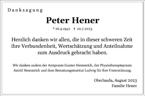 Traueranzeige von Peter Hener von Fränkische Nachrichten