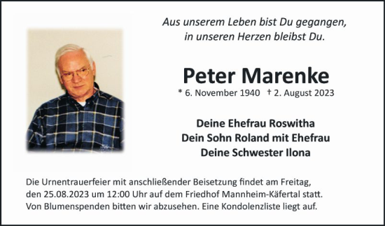 Traueranzeige von Peter Marenke von Mannheimer Morgen